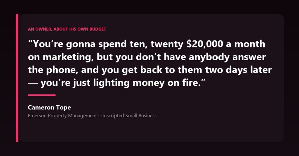A quote panel with Cameron Tope saying a business that ignores its phone is just lighting marketing money on fire.