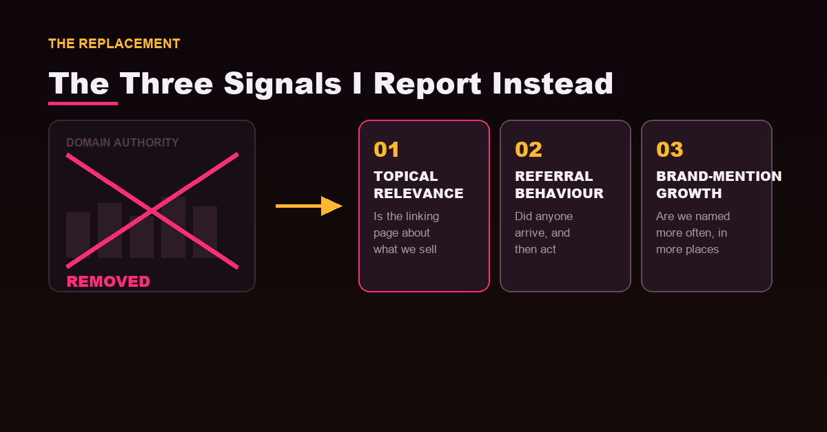 A client report page showing topical relevance, referral behaviour and brand-mention growth replacing a deleted domain-authority chart.