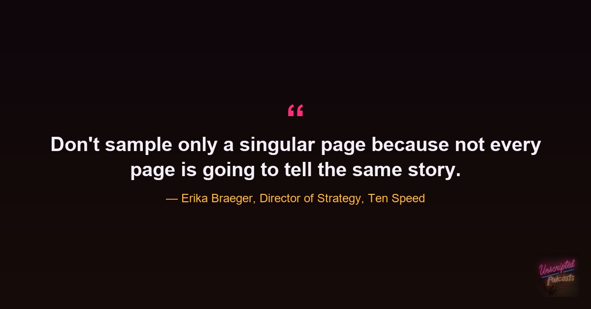 Quote card: Erika Braeger of Ten Speed saying don't sample only a singular page because not every page is going to tell the same story