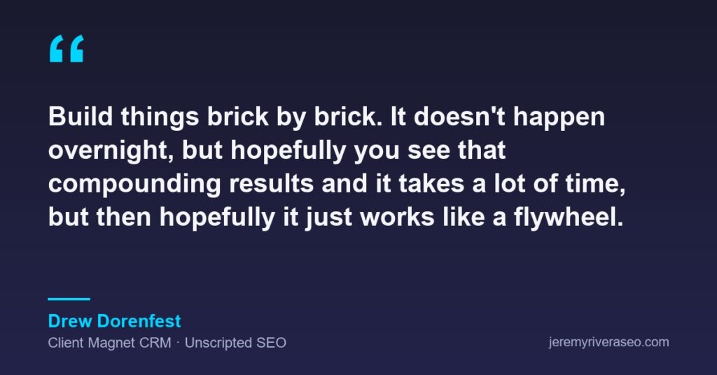 Quote card: Drew Dorenfest of Client Magnet CRM on Unscripted SEO saying SEO is built brick by brick, does not happen overnight, and works like a flywheel once it compounds
